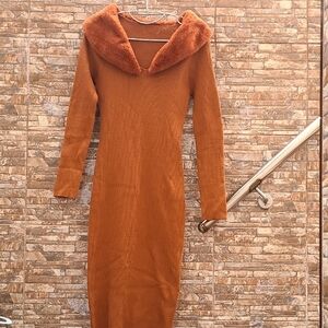 Elegant Brown Long Sleeve Dress with Faux Fur Collar